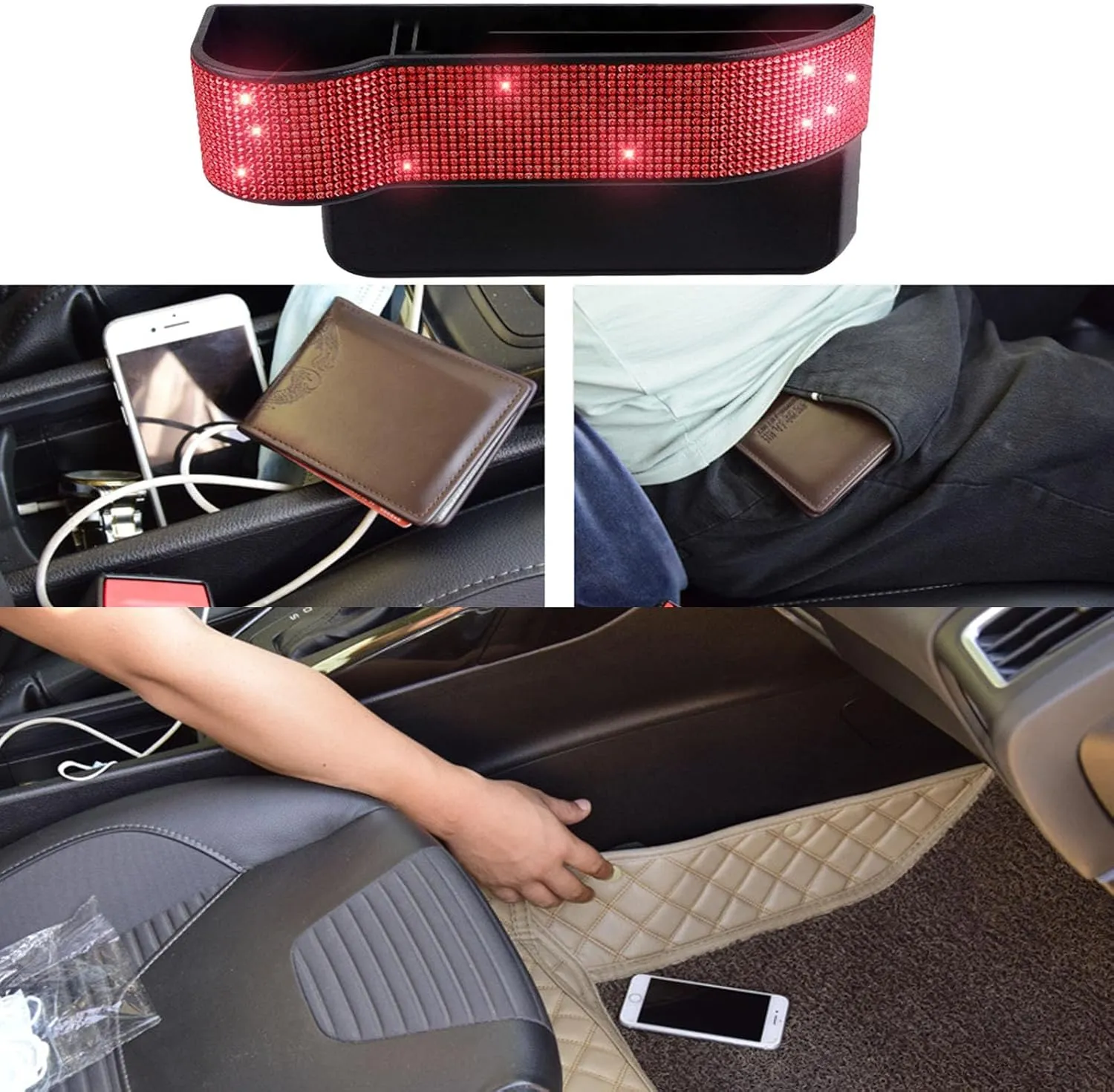 Bling Bling Car Seat Gap Filler, Car Seat Console Pockets Organizer Caddy Catcher, Crystal Auto Console Side Pouchs for Cellphone Wallet Coin Key Credit Card (Driver side & Passenger side-Red)