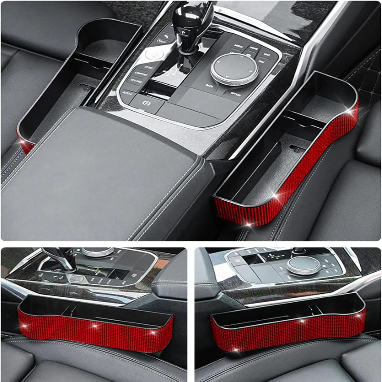 Bling Bling Car Seat Gap Filler, Car Seat Console Pockets Organizer Caddy Catcher, Crystal Auto Console Side Pouchs for Cellphone Wallet Coin Key Credit Card (Driver side & Passenger side-Red)