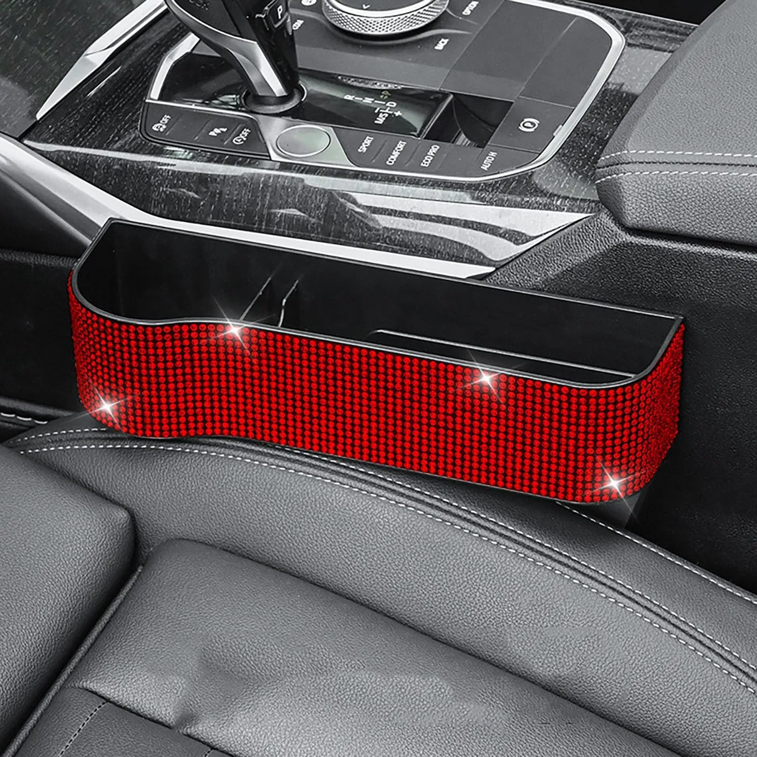 Bling Bling Car Seat Gap Filler, Car Seat Console Pockets Organizer Caddy Catcher, Crystal Auto Console Side Pouchs for Cellphone Wallet Coin Key Credit Card (Driver side & Passenger side-Red)