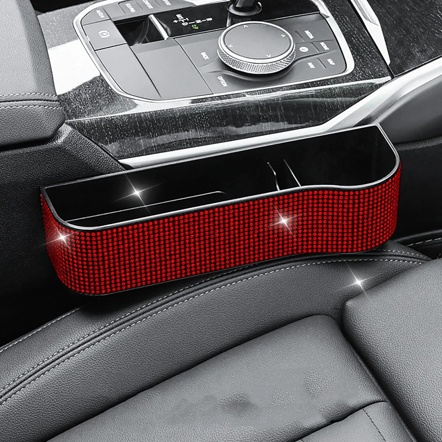 Bling Bling Car Seat Gap Filler, Car Seat Console Pockets Organizer Caddy Catcher, Crystal Auto Console Side Pouchs for Cellphone Wallet Coin Key Credit Card (Driver side & Passenger side-Red)
