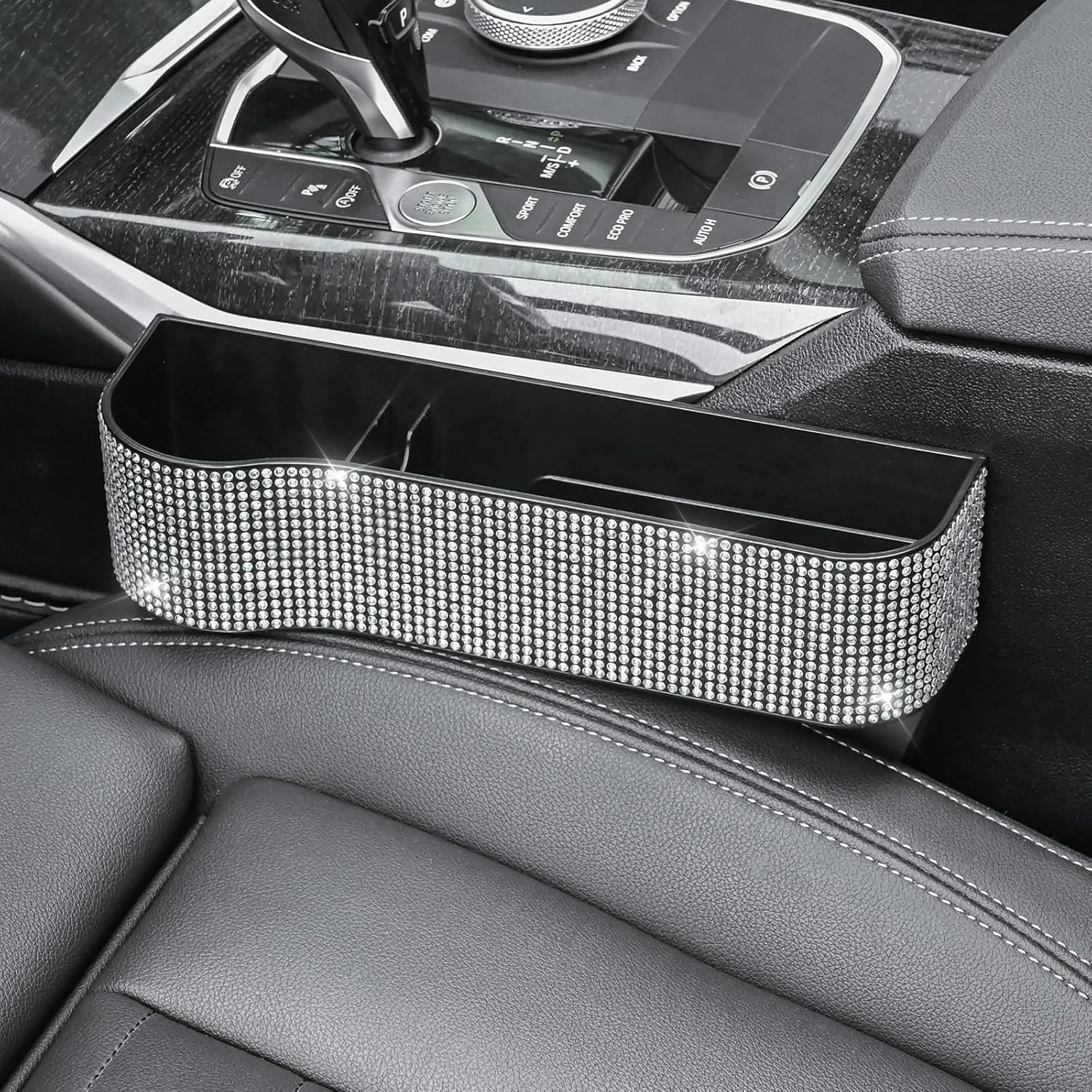 Bling Bling Car Seat Gap Filler, Car Seat Console Pockets Organizer Caddy Catcher, Crystal Auto Console Side Pouchs for Cellphone Wallet Coin Key Credit Card (Driver Side & Passenger Side)