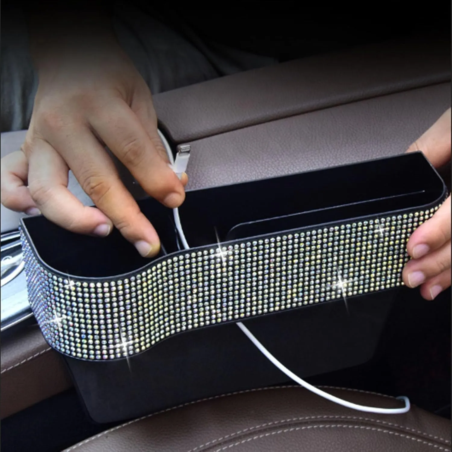 Bling Bling Car Seat Gap Filler, Car Seat Console Pockets Organizer Caddy Catcher, Crystal Auto Console Side Pouchs for Cellphone Wallet Coin Key Credit Card (Driver Side & Passenger Side)