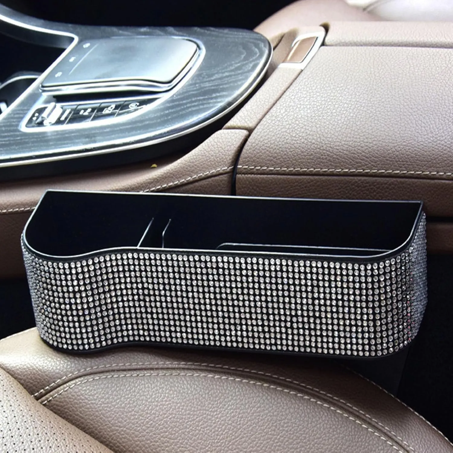 Bling Bling Car Seat Gap Filler, Car Seat Console Pockets Organizer Caddy Catcher, Crystal Auto Console Side Pouchs for Cellphone Wallet Coin Key Credit Card (Driver Side & Passenger Side)