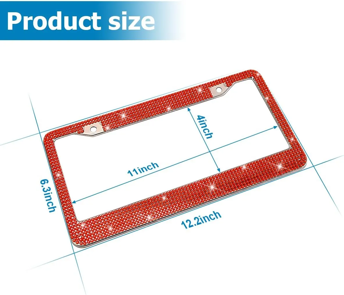 Bling Car License Plate Frames, Crystal Rhinestone Stainless Steel Vehicle License Holder, Diamond Sparkly Handmade Glitter Automotive Plate Cover Accessories, Universal Fit (Red)