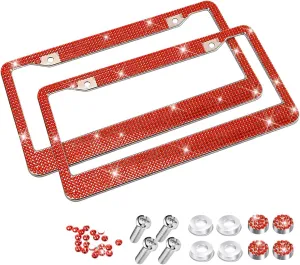 Bling Car License Plate Frames, Crystal Rhinestone Stainless Steel Vehicle License Holder, Diamond Sparkly Handmade Glitter Automotive Plate Cover Accessories, Universal Fit (Red)
