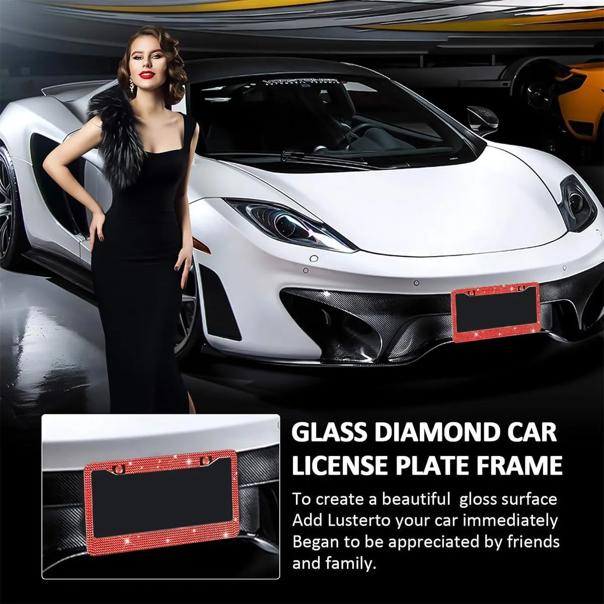 Bling Car License Plate Frames, Crystal Rhinestone Stainless Steel Vehicle License Holder, Diamond Sparkly Handmade Glitter Automotive Plate Cover Accessories, Universal Fit (Red)