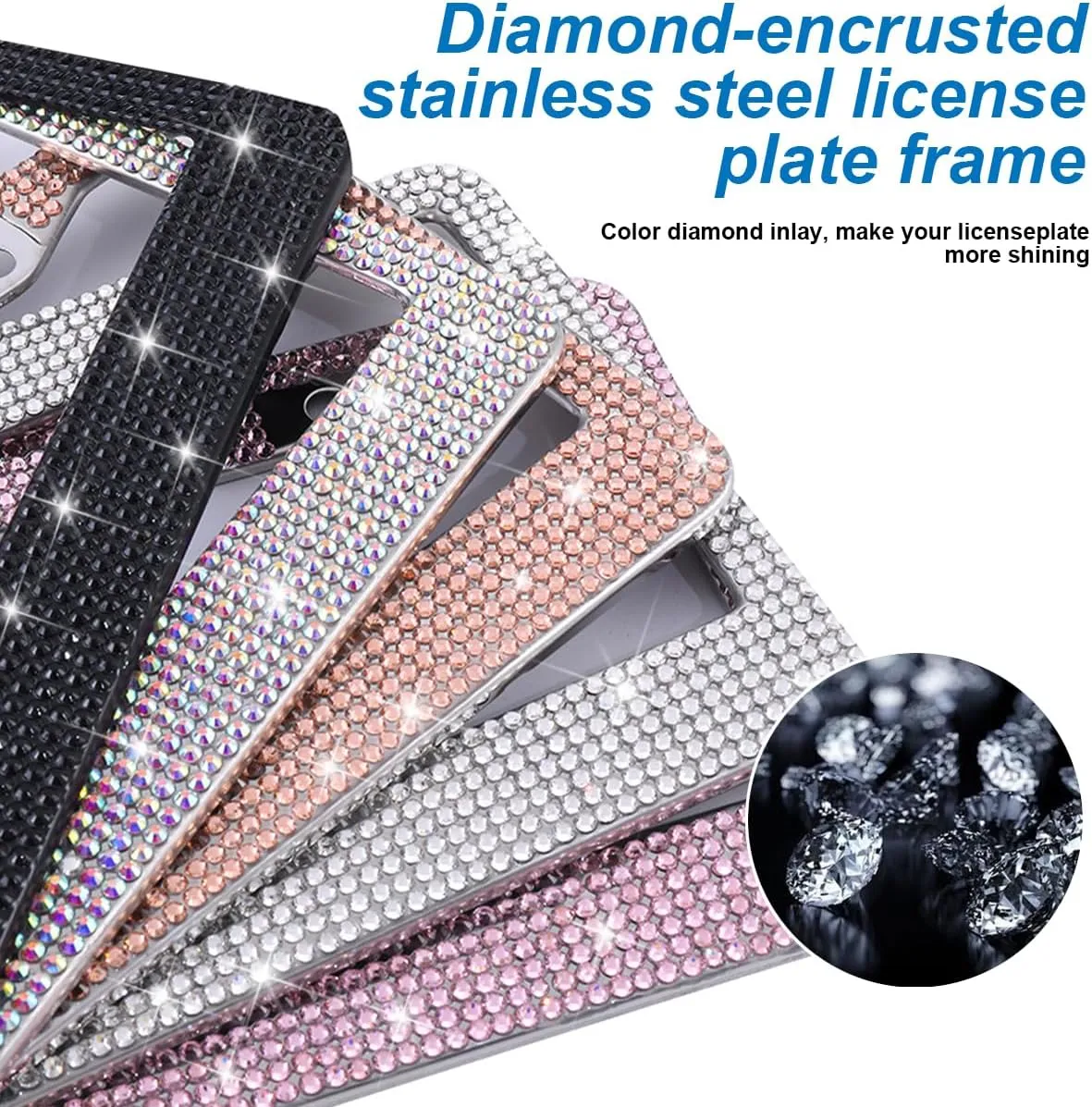Bling Car License Plate Frames, Crystal Rhinestone Stainless Steel Vehicle License Holder, Diamond Sparkly Handmade Glitter Automotive Plate Cover Accessories, Universal Fit (Red)