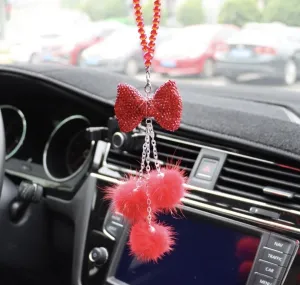 Bling Car Rear View Mirror Hanging Accessories for Women, Rhinestone Diamond Bowknot, Imitation Pearl and Pink Plush Ball Car Rearview Mirror Charms, Lucky Ornament Pendant