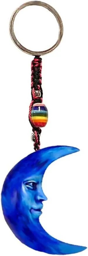 Blue Crescent Moon Celestial 3D Figurine Keychain Multicolored Macramé Metal Ring - Handmade Gifts Boho Car Keys Bag Accessories