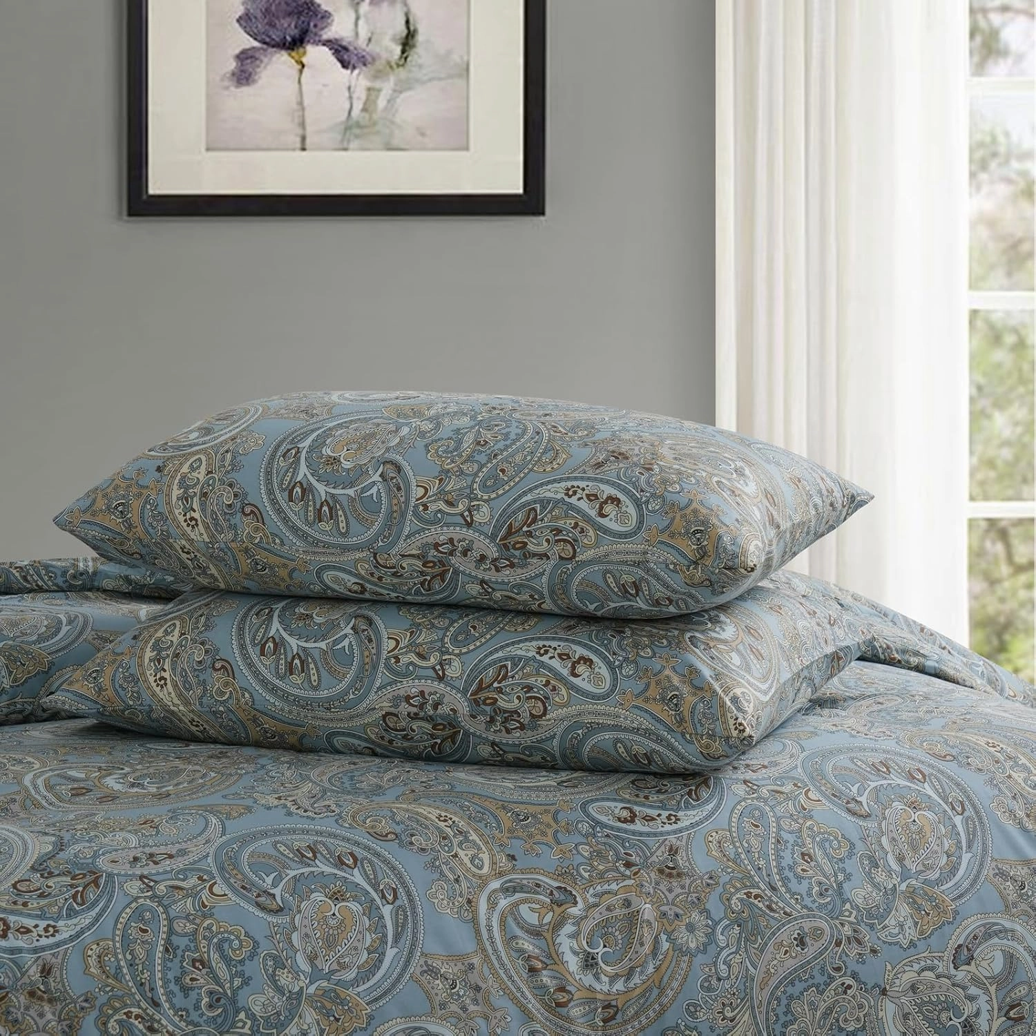 Blue Paisley Comforter Set King, 100% Cotton Boho Paisley Pattern Comforter Set 3 Pcs Soft Cotton Lightweight Comforter All Season Down Alternative Bedding Sets