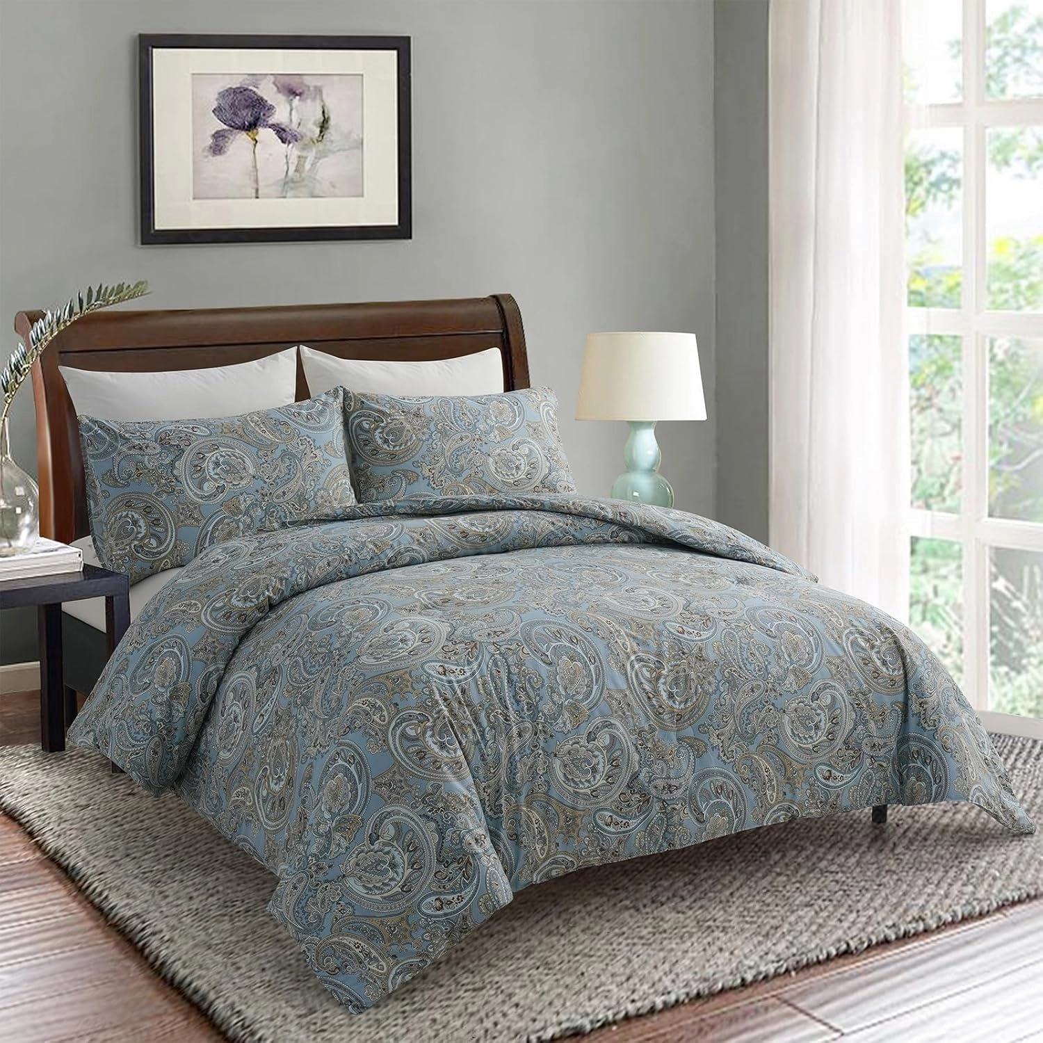 Blue Paisley Comforter Set King, 100% Cotton Boho Paisley Pattern Comforter Set 3 Pcs Soft Cotton Lightweight Comforter All Season Down Alternative Bedding Sets