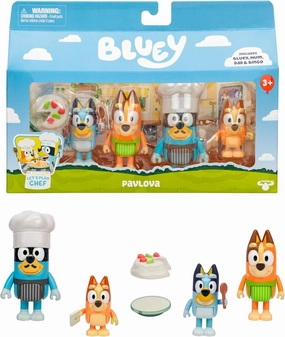 Bluey 4-Pack Toy Figure Playset, Let’s Play Chef Pavlova Toddler Figurine Toys Set with Chef Accessories, Poseable Figurines for Kids Ages 3-5