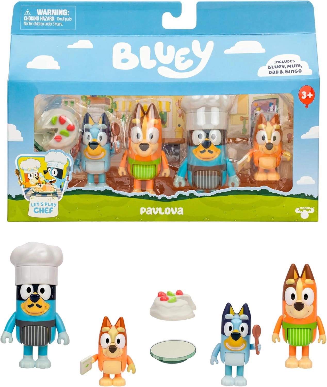 Bluey 4-Pack Toy Figure Playset, Let’s Play Chef Pavlova Toddler Figurine Toys Set with Chef Accessories, Poseable Figurines for Kids Ages 3-5