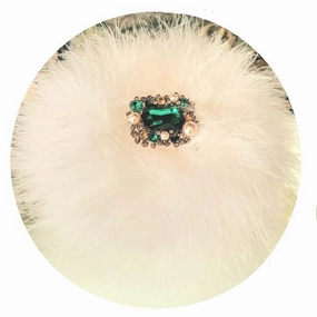 Body Dusting Powder Puff ~ Ivory Faux Fur Puff Trimmed in Down Feathers ~ Pearl Emerald Rhinestone Embellished Handle