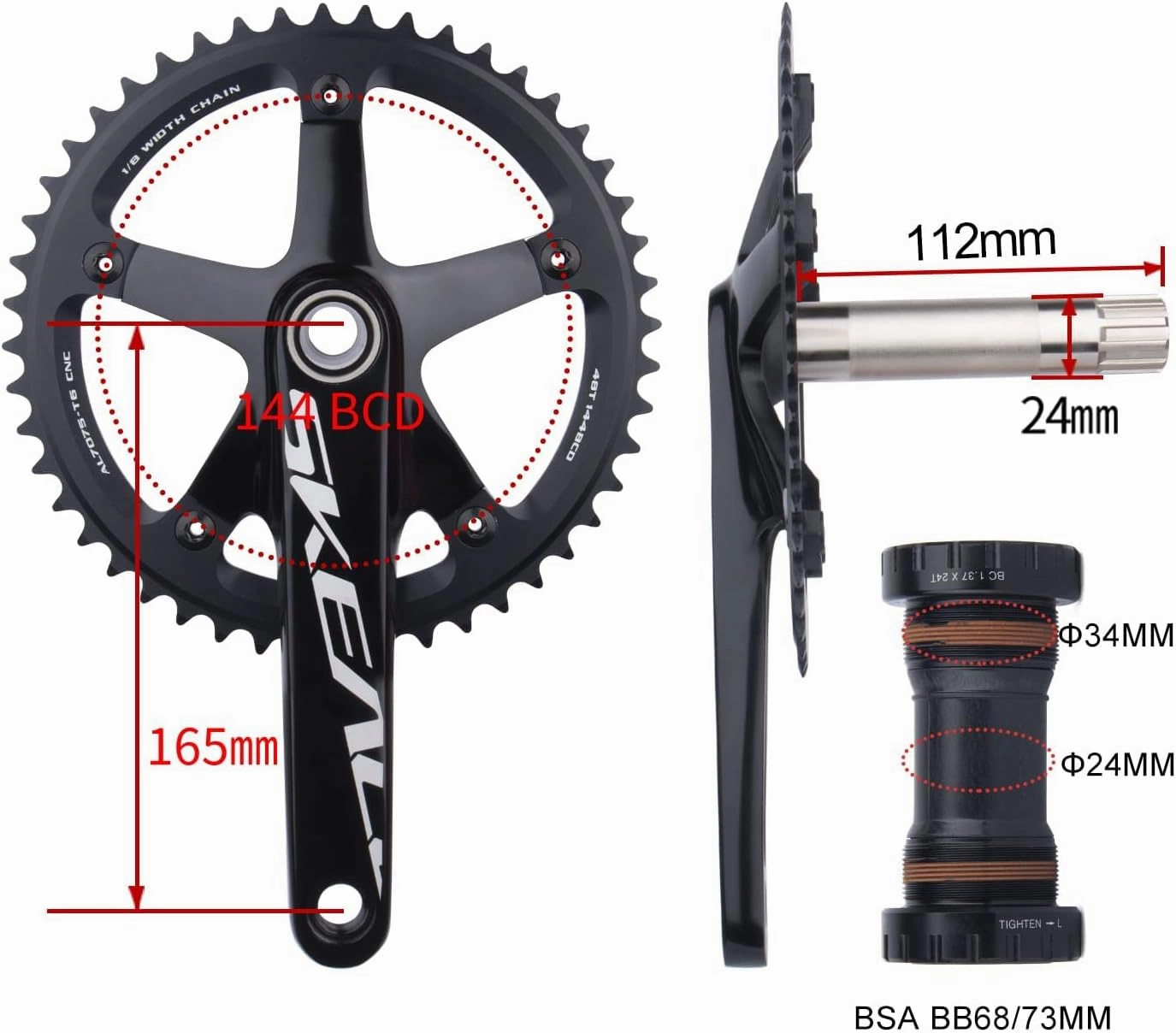 BOLANY 165mm Bike Cranksets 144BCD Lightweight Aluminium Alloy Single Speed Round Chainring Fit for Track Bicycle Fixed Gear Bike Crankset with Bottom (48T/49T)