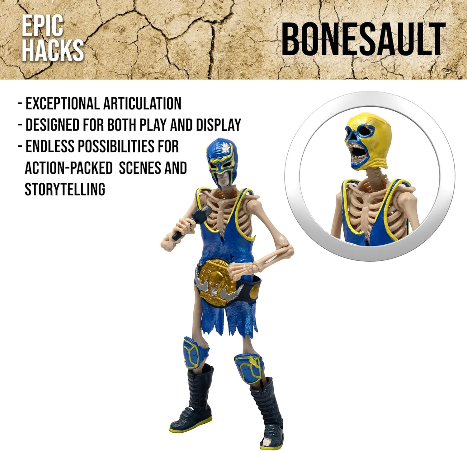Boss Fight Studio Epic H.A.C.K.S. Bonesault Skeleton Action Figure – Highly Articulated Collectible Figurine with Accessories – Microphone, Bat, Championship Belt, Alternate Head, and Stand – 1:12