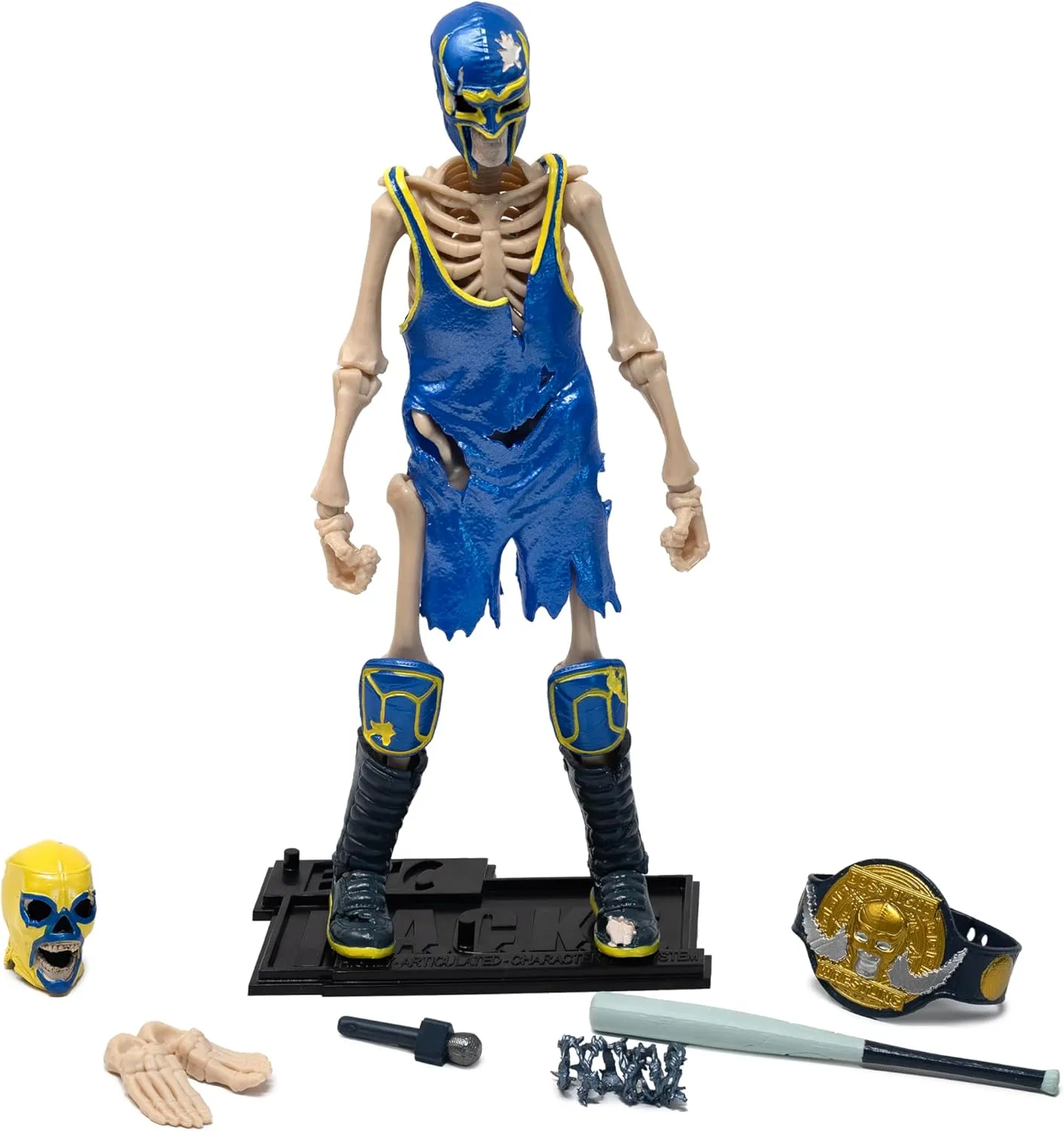 Boss Fight Studio Epic H.A.C.K.S. Bonesault Skeleton Action Figure – Highly Articulated Collectible Figurine with Accessories – Microphone, Bat, Championship Belt, Alternate Head, and Stand – 1:12