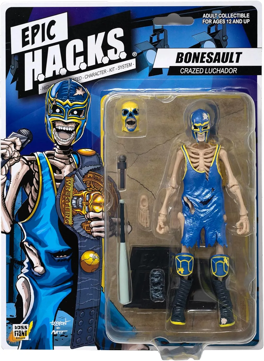 Boss Fight Studio Epic H.A.C.K.S. Bonesault Skeleton Action Figure – Highly Articulated Collectible Figurine with Accessories – Microphone, Bat, Championship Belt, Alternate Head, and Stand – 1:12