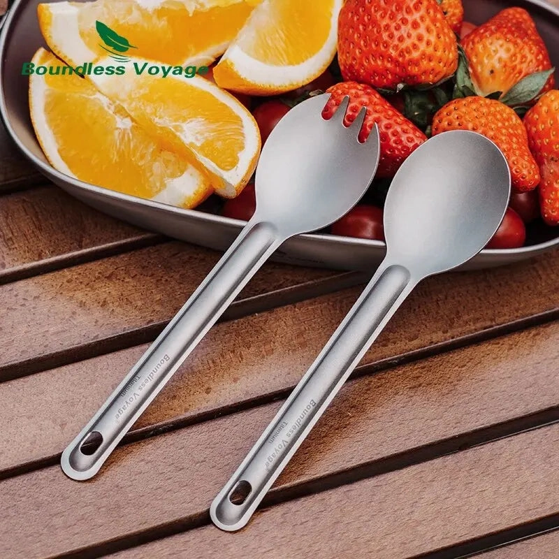 BOUNDLESS VOYAGE Titanium Cutlery Set – Lightweight Reusable Spoon & Spork for Camping & Travel