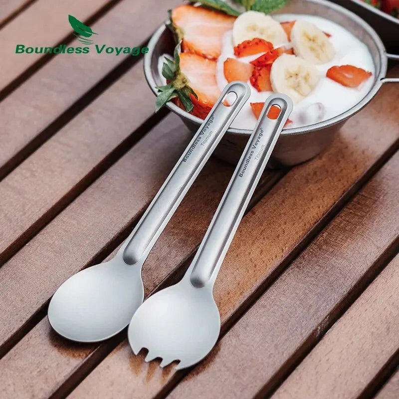 BOUNDLESS VOYAGE Titanium Cutlery Set – Lightweight Reusable Spoon & Spork for Camping & Travel