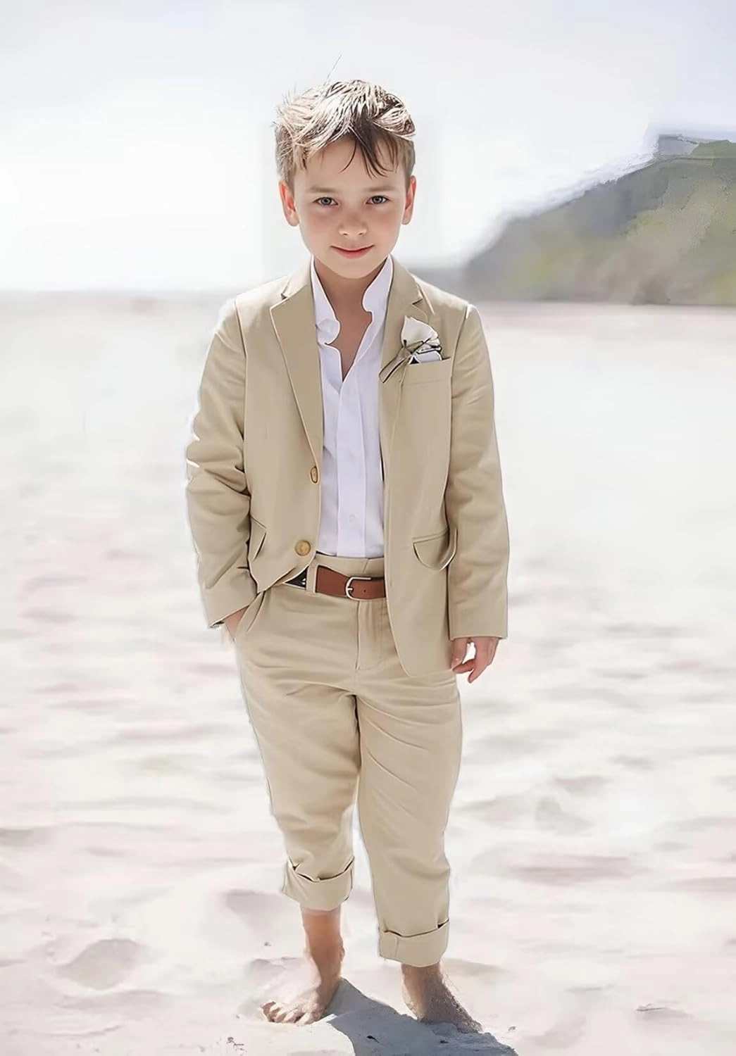 Boys Linen Suits Beach Wedding Suit Summer Slim Fit 2 Piece Kids Lightweight Linen Suit Jacket Pant Set