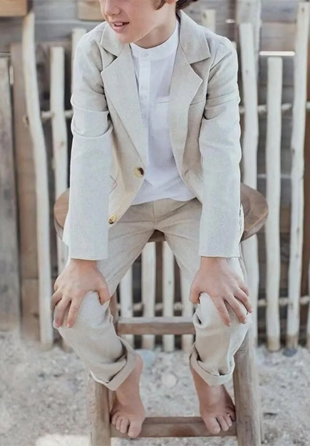 Boys Linen Suits Beach Wedding Suit Summer Slim Fit 2 Piece Kids Lightweight Linen Suit Jacket Pant Set