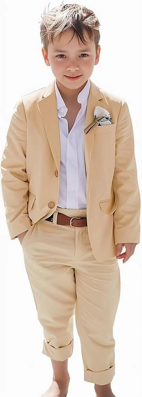 Boys Linen Suits Beach Wedding Suit Summer Slim Fit 2 Piece Kids Lightweight Linen Suit Jacket Pant Set