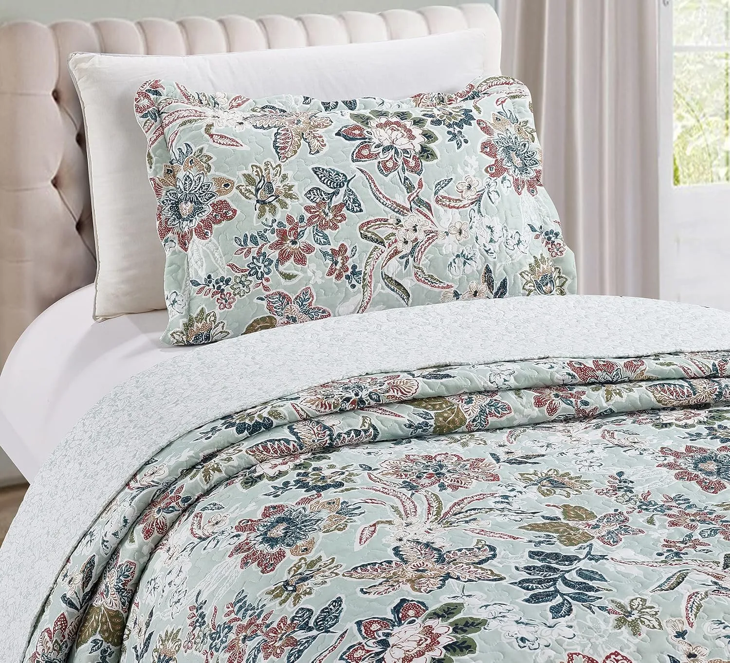 Brilliant Sunshine Green Vintage Beautiful Flowers, 2-Piece Quilt Set with 1 Sham, Reversible Bedspread, Soft Lightweight Coverlet, All-Season, Twin, Green