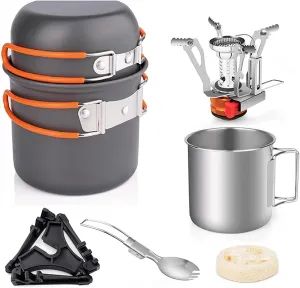 Brrnoo Camping Cookware Set with Folding Camping Stove, Aluminum Pot Pan Set with Stainless Steel Cup & Fork Spoon for Outdoors Cooking Camping Hiking Picnic Backpacking