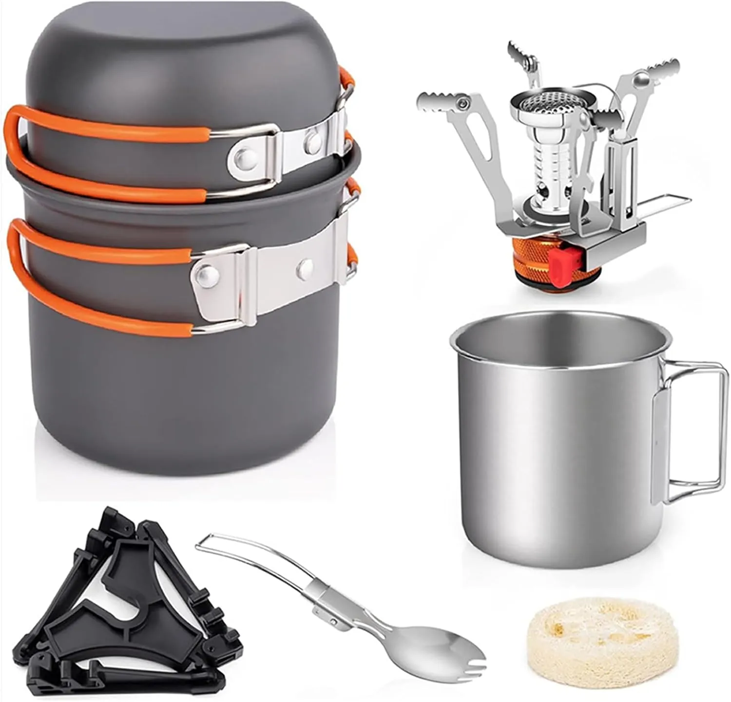 Brrnoo Camping Cookware Set with Folding Camping Stove, Aluminum Pot Pan Set with Stainless Steel Cup & Fork Spoon for Outdoors Cooking Camping Hiking Picnic Backpacking