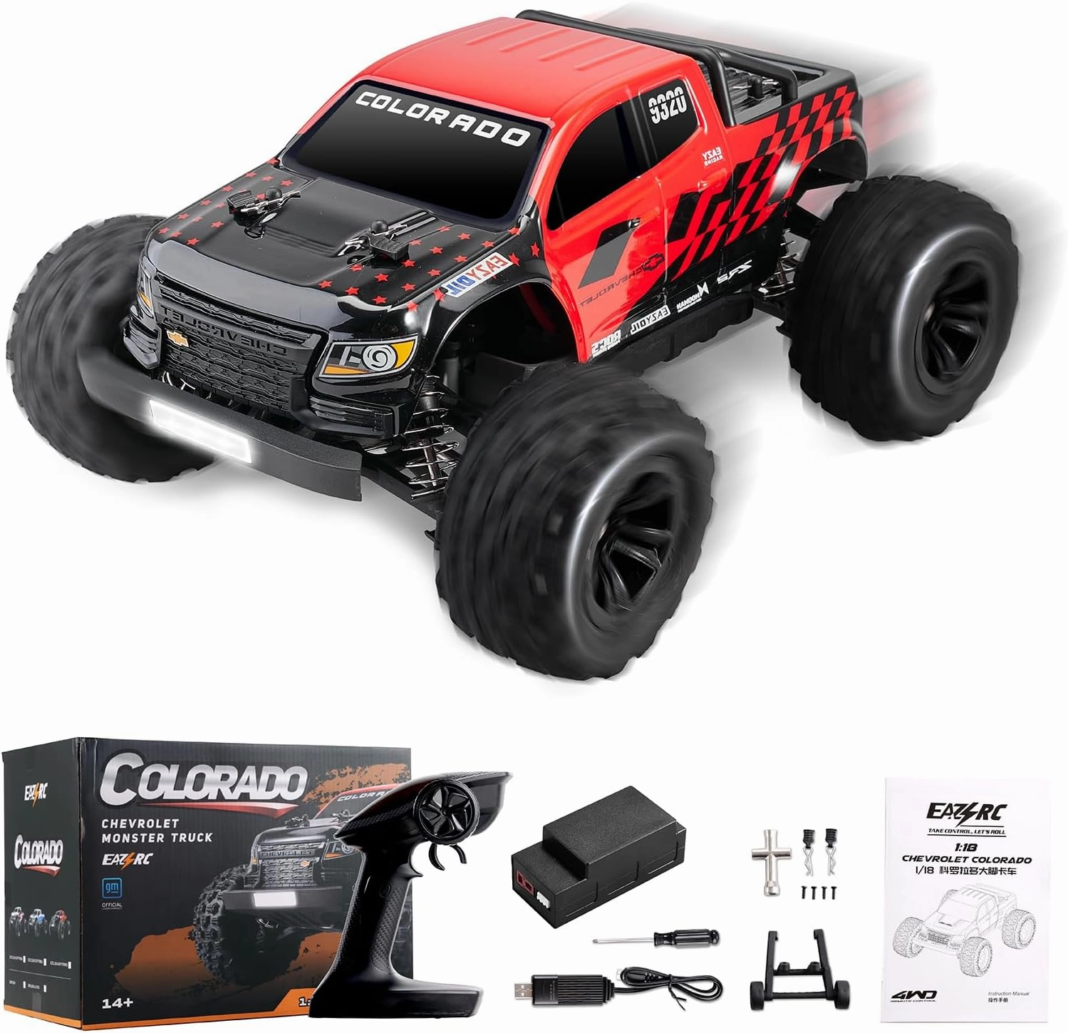 Brushless RC Truck, Super Fast RC Cars, 1/18 Chevrolet Colorado Hobby RC Trucks, 45km/h High Speed Remote Control Car (42mph with 3S) for Adults, Red