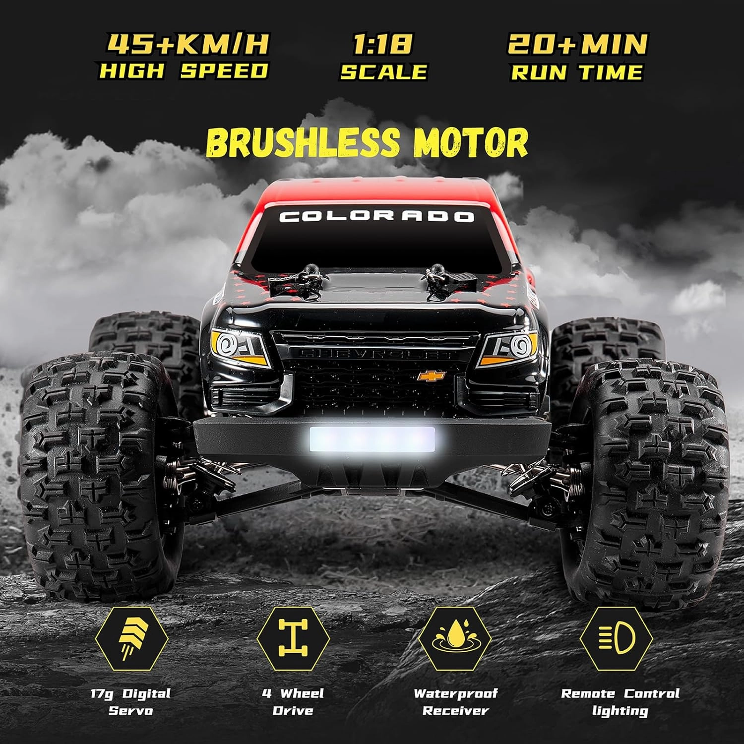 Brushless RC Truck, Super Fast RC Cars, 1/18 Chevrolet Colorado Hobby RC Trucks, 45km/h High Speed Remote Control Car (42mph with 3S) for Adults, Red