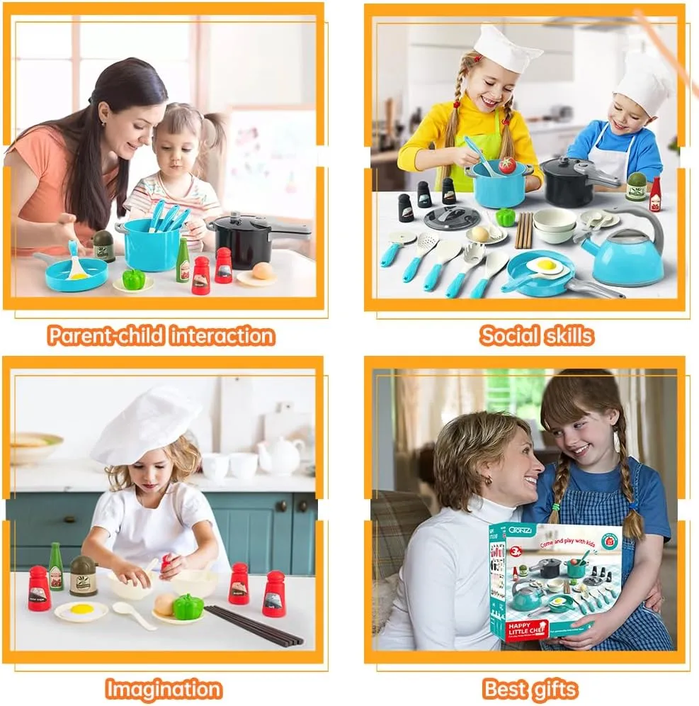 Bruvoalon 32Pcs Kids Play Kitchen Toys Set, Toddlers Pretend Cooking Playset Acccessories with Pots Pans, Utensils Cookware, Foods, Canned Veges, Learning Gift for Kids Girls Boys (Turquoise)