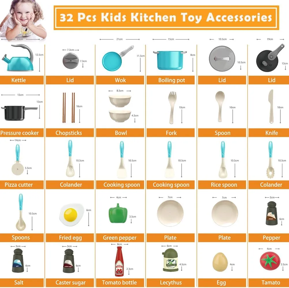 Bruvoalon 32Pcs Kids Play Kitchen Toys Set, Toddlers Pretend Cooking Playset Acccessories with Pots Pans, Utensils Cookware, Foods, Canned Veges, Learning Gift for Kids Girls Boys (Turquoise)