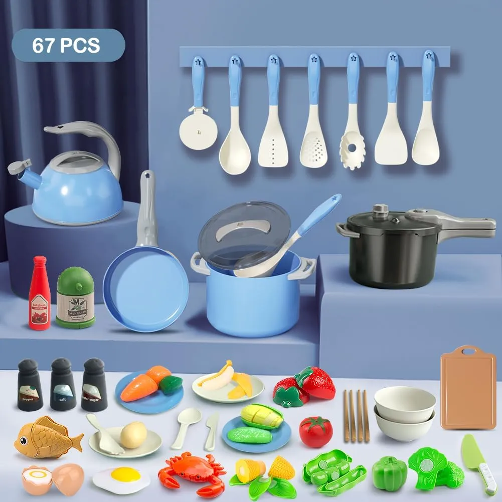 Bruvoalon 67Pcs Kids Play Kitchen Toys Set, Toddlers Pretend Cooking Playset Acccessories with Pots Pans, Utensils Cookware, Foods, Canned Veges, Learning Gift for Kids Girls Boys (Blue)