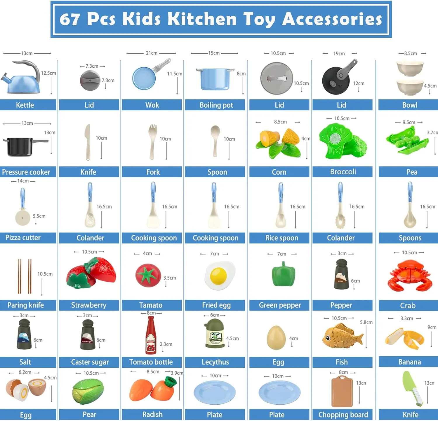 Bruvoalon 67Pcs Kids Play Kitchen Toys Set, Toddlers Pretend Cooking Playset Acccessories with Pots Pans, Utensils Cookware, Foods, Canned Veges, Learning Gift for Kids Girls Boys (Blue)