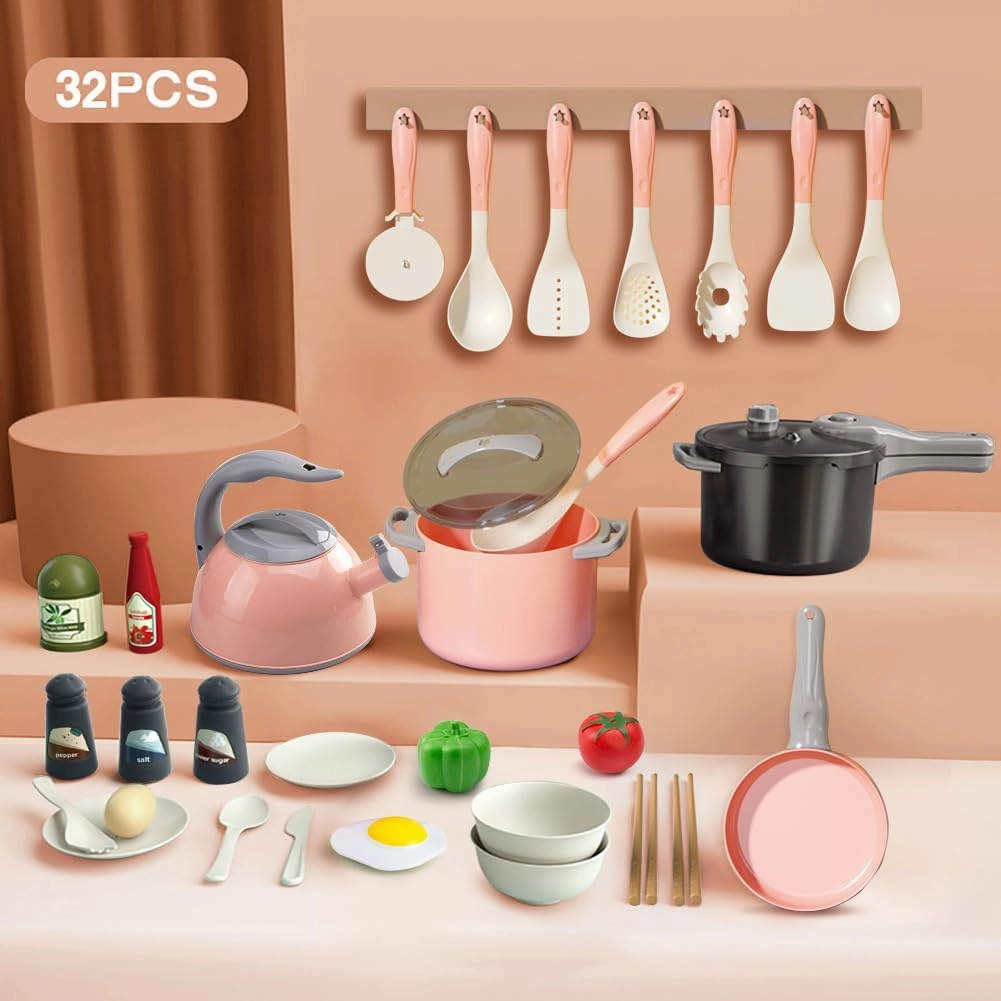 Bruvoalon 32Pcs Kids Play Kitchen Toys Set, Toddlers Pretend Cooking Playset Acccessories with Pots Pans, Utensils Cookware, Foods, Canned Veges, Learning Gift for Kids Girls Boys (Pink)
