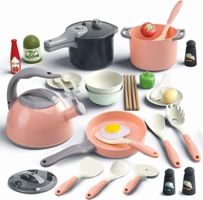 Bruvoalon 32Pcs Kids Play Kitchen Toys Set, Toddlers Pretend Cooking Playset Acccessories with Pots Pans, Utensils Cookware, Foods, Canned Veges, Learning Gift for Kids Girls Boys (Pink)