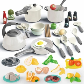 Bruvoalon 67Pcs Kids Play Kitchen Toys Set Toddlers Pretend Cooking Playset Acccessories with Pots Pans Utensils Cookware Foods Canned Veges Learning Gift for Kids Girls Boys (White)