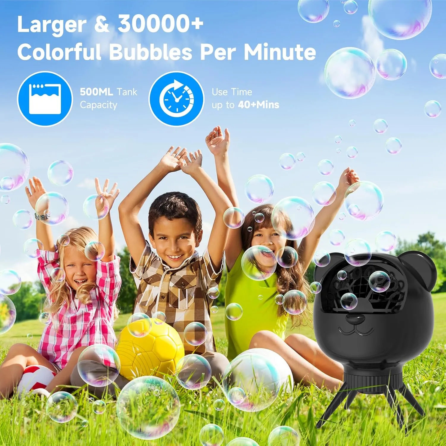Bubble Machine for Toddlers Kids, 18 Wands 500ml Tank Rechargeable Bubble Maker, 30000  Bubbles/Min 2 Speeds Auto-Rotating Portable Bubble Blower for Indoor/Outdoor Parties, Birthday, Wedding (Black)