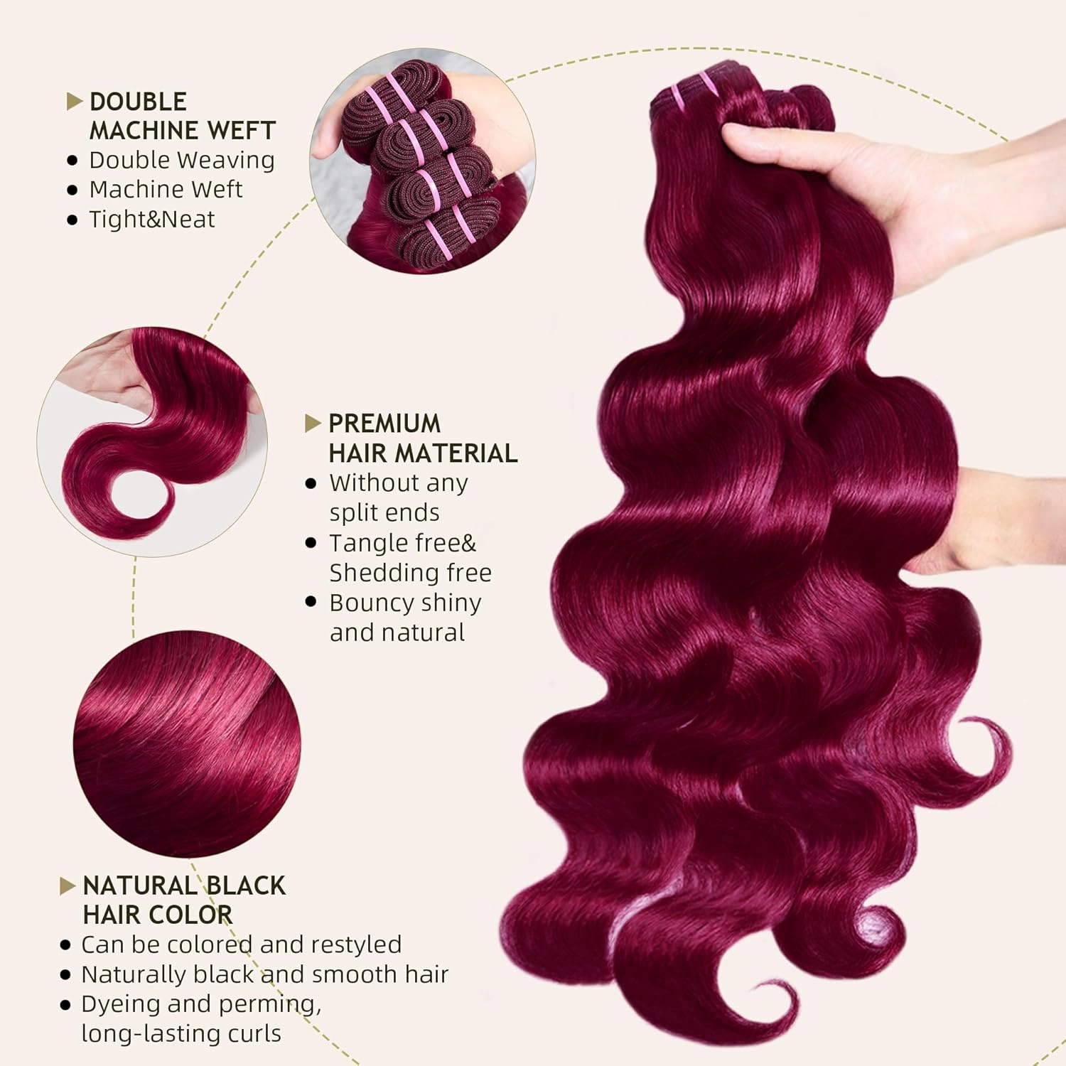 Burgundy Bundles Human Hair 4 Bundles 18 20 22 24 Inch Hair Extensions Burgundy Body Wave Human Hair Bundles 100% Unprocessed Brazilian Virgin Hair Quick Weave Red 99J