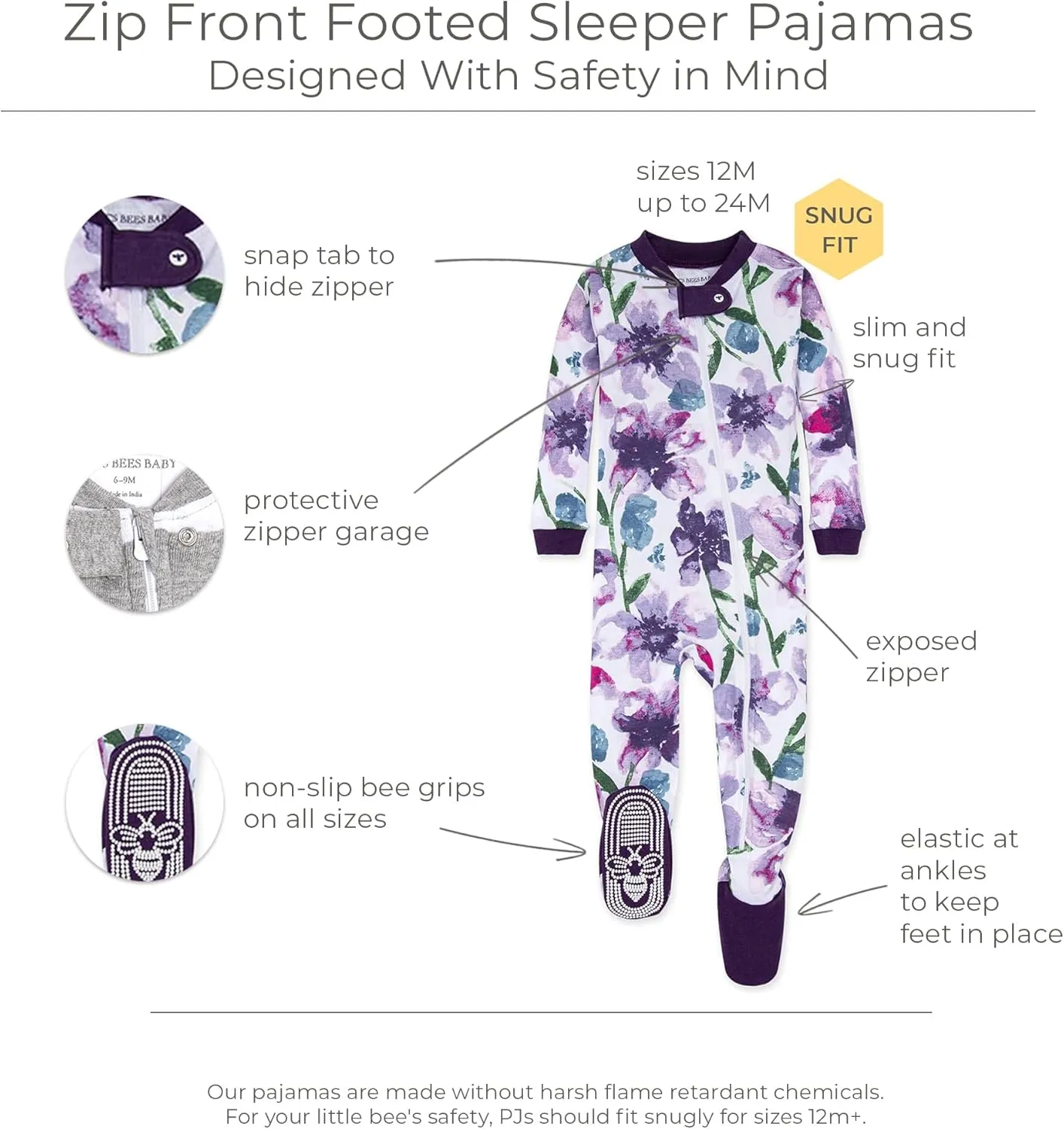 Burt's Bees Baby Baby Girls' Organic Cotton Zip-Front Non-Slip Footed Sleeper Pajamas