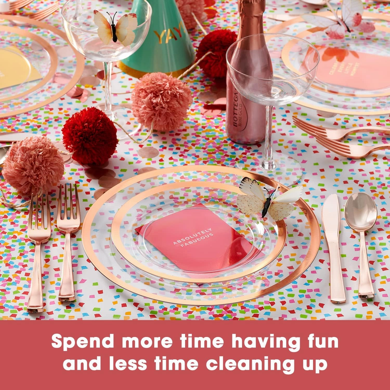 By Madee HEAVYWEIGHT 150 Pc Clear Rose Gold Party Plates and Utensils Set – Fancy Disposable Dinnerware Set with Gift of 3D Butterfly for Table Decor – Perfect as Mother's Day Plates (25 Guests)