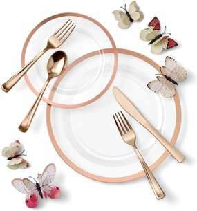 By Madee HEAVYWEIGHT 150 Pc Clear Rose Gold Party Plates and Utensils Set – Fancy Disposable Dinnerware Set with Gift of 3D Butterfly for Table Decor – Perfect as Mother's Day Plates (25 Guests)