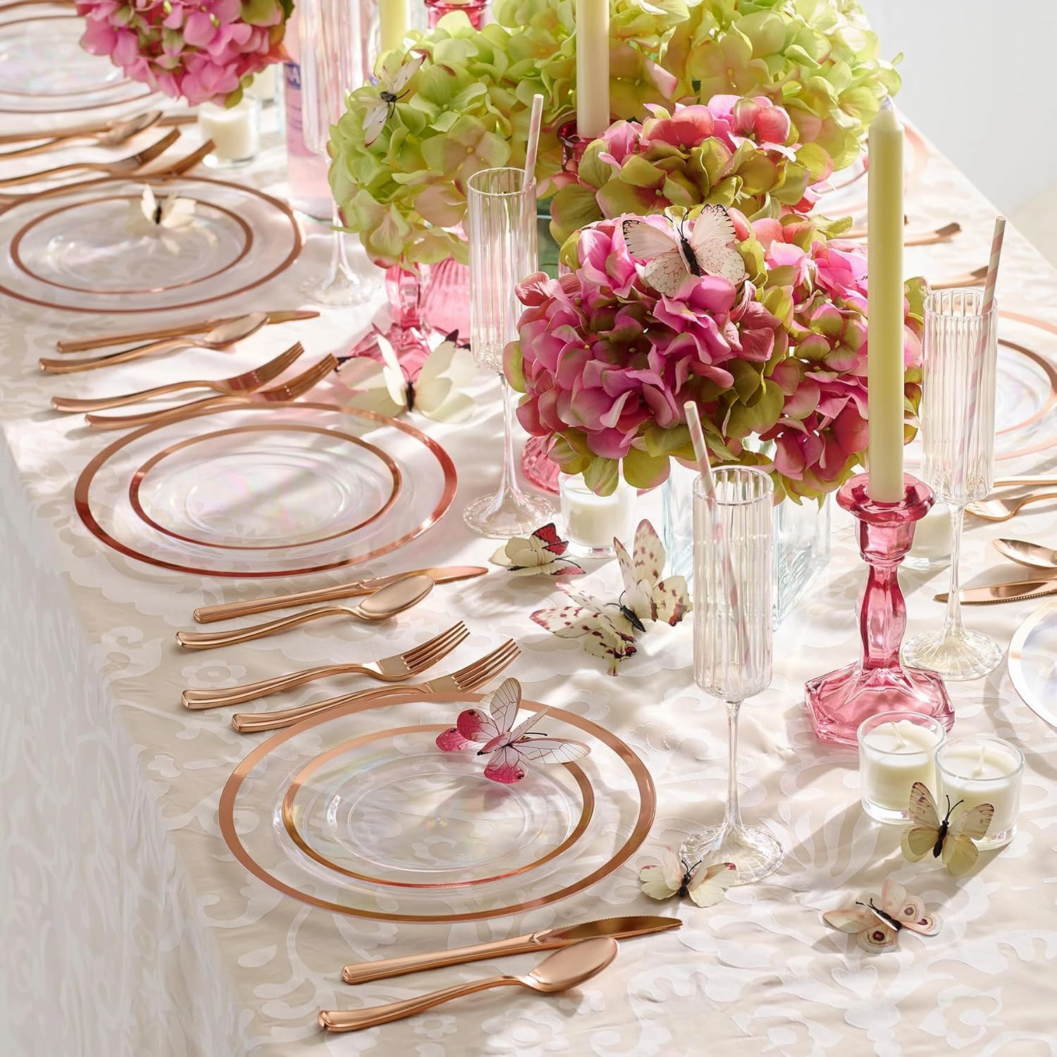 By Madee HEAVYWEIGHT 150 Pc Clear Rose Gold Party Plates and Utensils Set – Fancy Disposable Dinnerware Set with Gift of 3D Butterfly for Table Decor – Perfect as Mother's Day Plates (25 Guests)