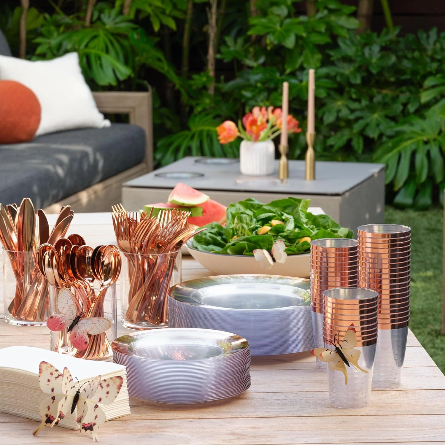 By Madee HEAVYWEIGHT 150 Pc Clear Rose Gold Party Plates and Utensils Set – Fancy Disposable Dinnerware Set with Gift of 3D Butterfly for Table Decor – Perfect as Mother's Day Plates (25 Guests)