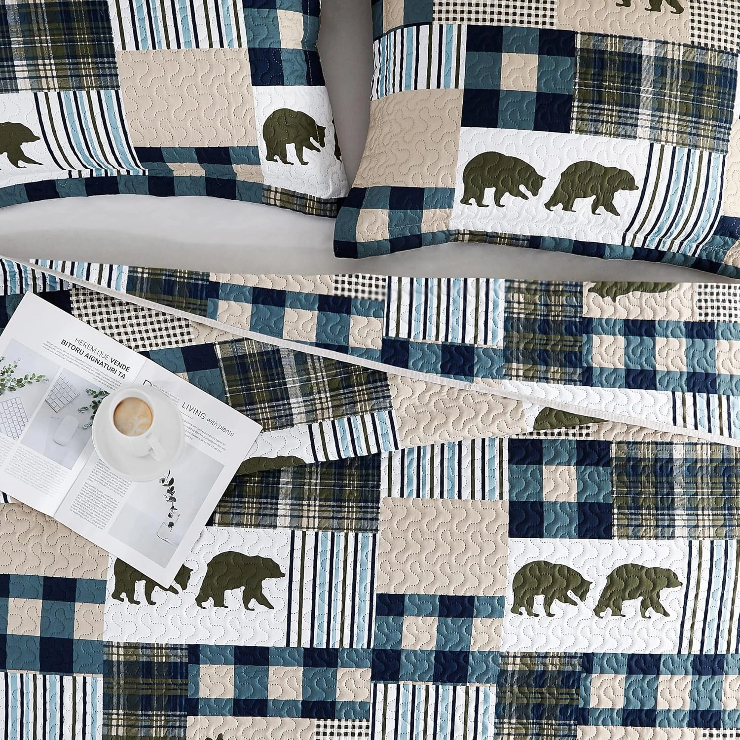 Cabin Quilt Set Queen, Christmas Rustic Quilt Coverlet Bed Set, 3-Piece Lightweight Reversible All Season Quilt Set, Lodge Bedspread Quilt with 2 Shams