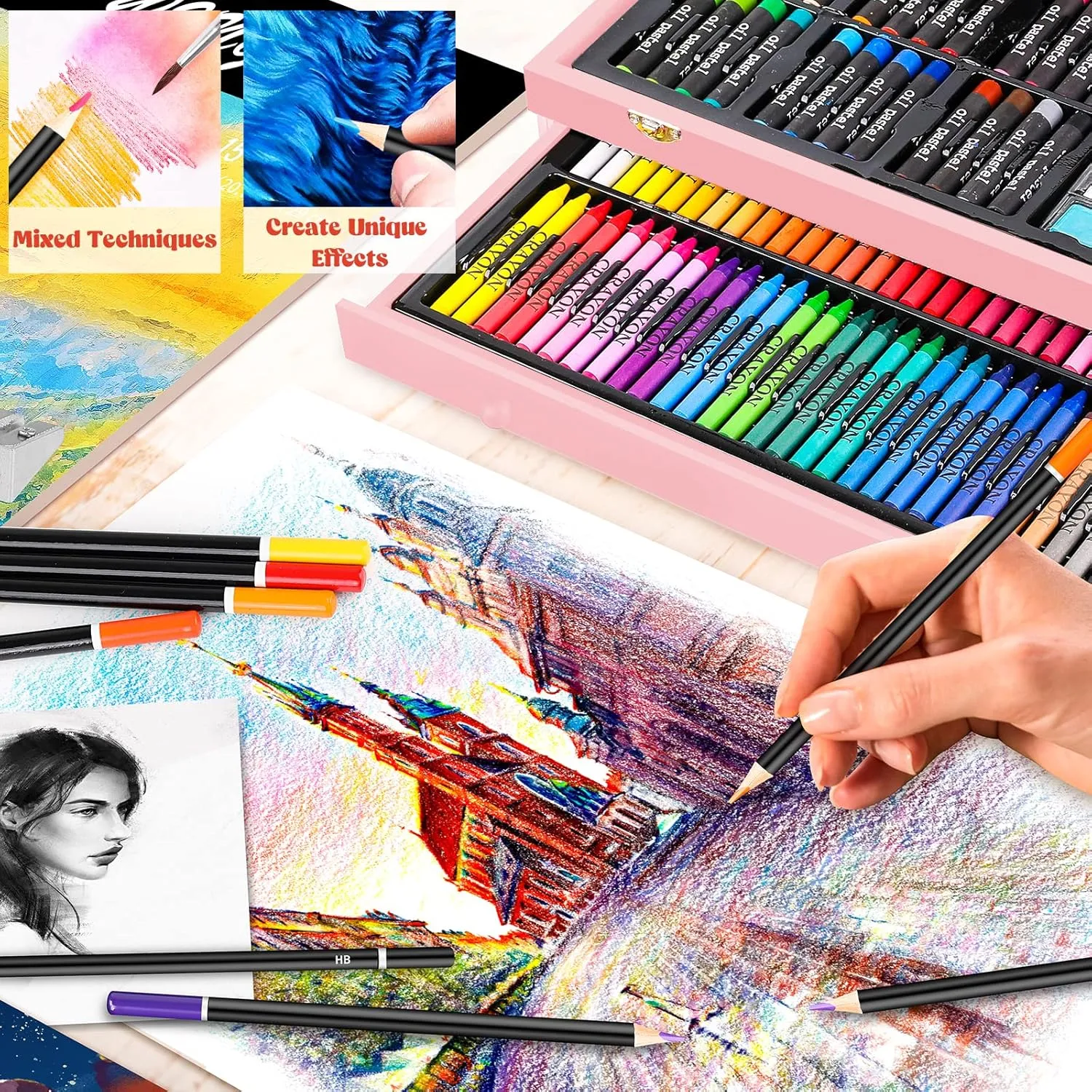 Caliart Art Supplies, 153-Pack Deluxe Wooden Art Set Crafts Drawing Painting Coloring Supplies Kit with 2 A4 Sketch Pads, Halloween Creative Gift Box for Adults Artist Beginners Kids Girls Boys