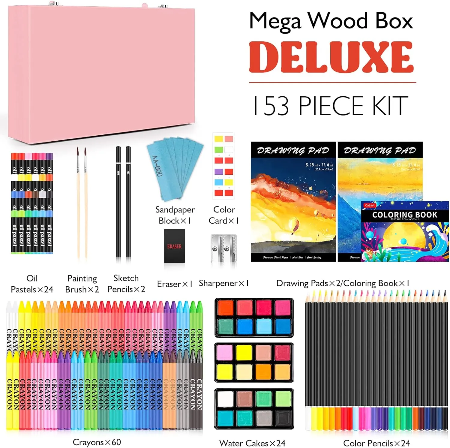 Caliart Art Supplies, 153-Pack Deluxe Wooden Art Set Crafts Drawing Painting Coloring Supplies Kit with 2 A4 Sketch Pads, Halloween Creative Gift Box for Adults Artist Beginners Kids Girls Boys