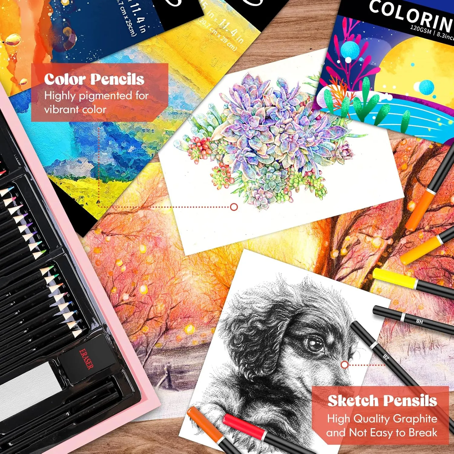 Caliart Art Supplies, 153-Pack Deluxe Wooden Art Set Crafts Drawing Painting Coloring Supplies Kit with 2 A4 Sketch Pads, Halloween Creative Gift Box for Adults Artist Beginners Kids Girls Boys